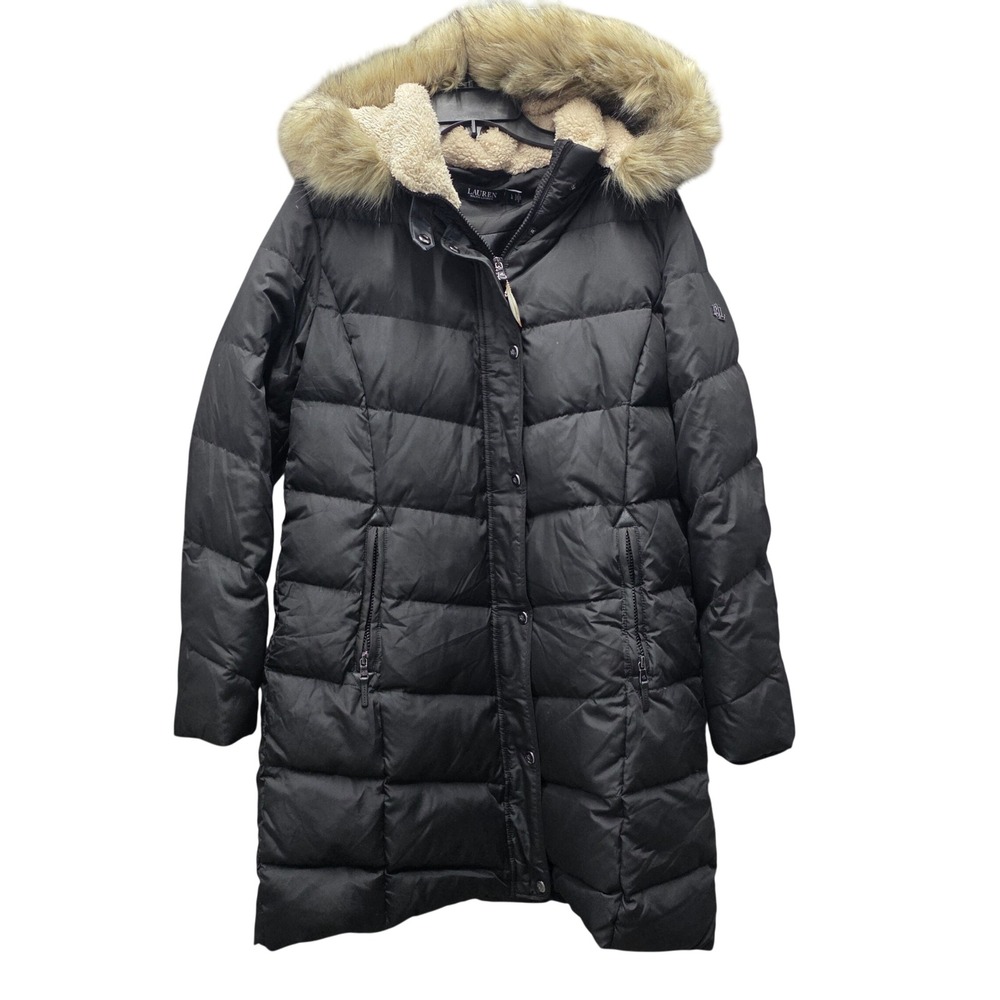 Lauren Ralph Lauren Black Down Puffer Coat Faux Fur Hood Parka Large